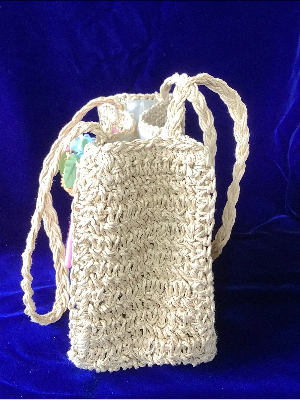Kids Woven Tote Bag with Pink Polka Dot Bow and Flower Basket Accent